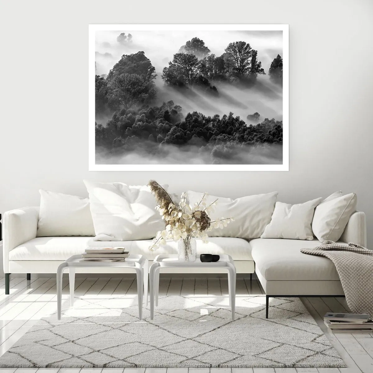 Plakat - Czarno-biały pejzaż lasu w porannej mgle - 100x70cm - Wstający ze snu - Nowoczesna dekoracja ścienna do salonu i sypialni ARTTOR