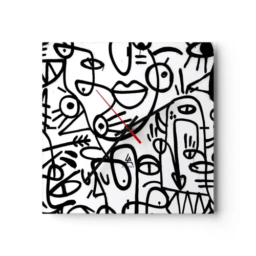 Zegar ścienny - Czarno-białe abstrakcyjne rysunki z motywami twarzy - 30x30cm - Twarze i miraże - Nowoczesna dekoracja ścienna do salonu i sypialni ARTTOR