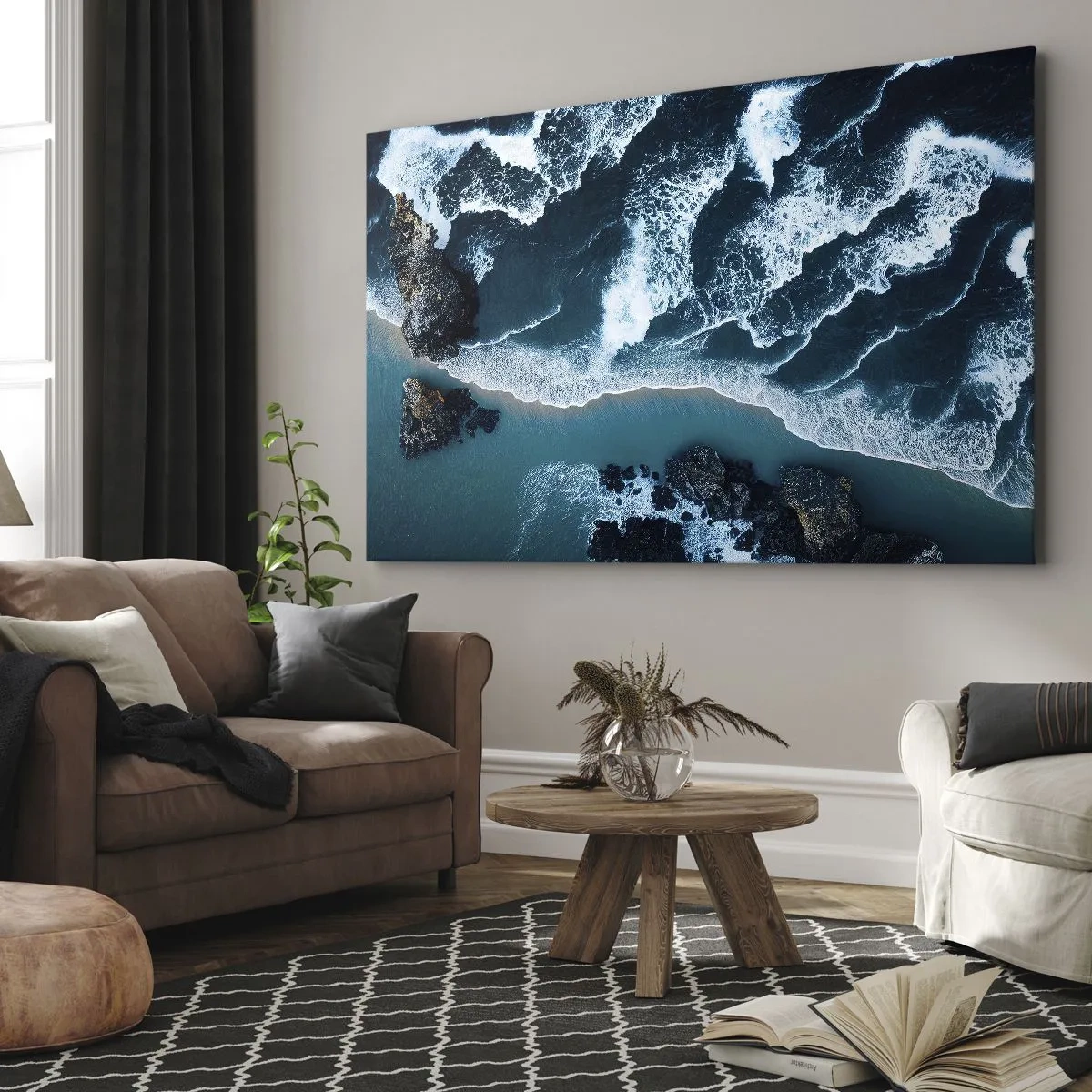 Obraz na płótnie - Widok z lotu ptaka na fale rozbijające się o brzeg - 70x50cm - Otulone falami - Nowoczesna dekoracja ścienna do salonu i sypialni ARTTOR