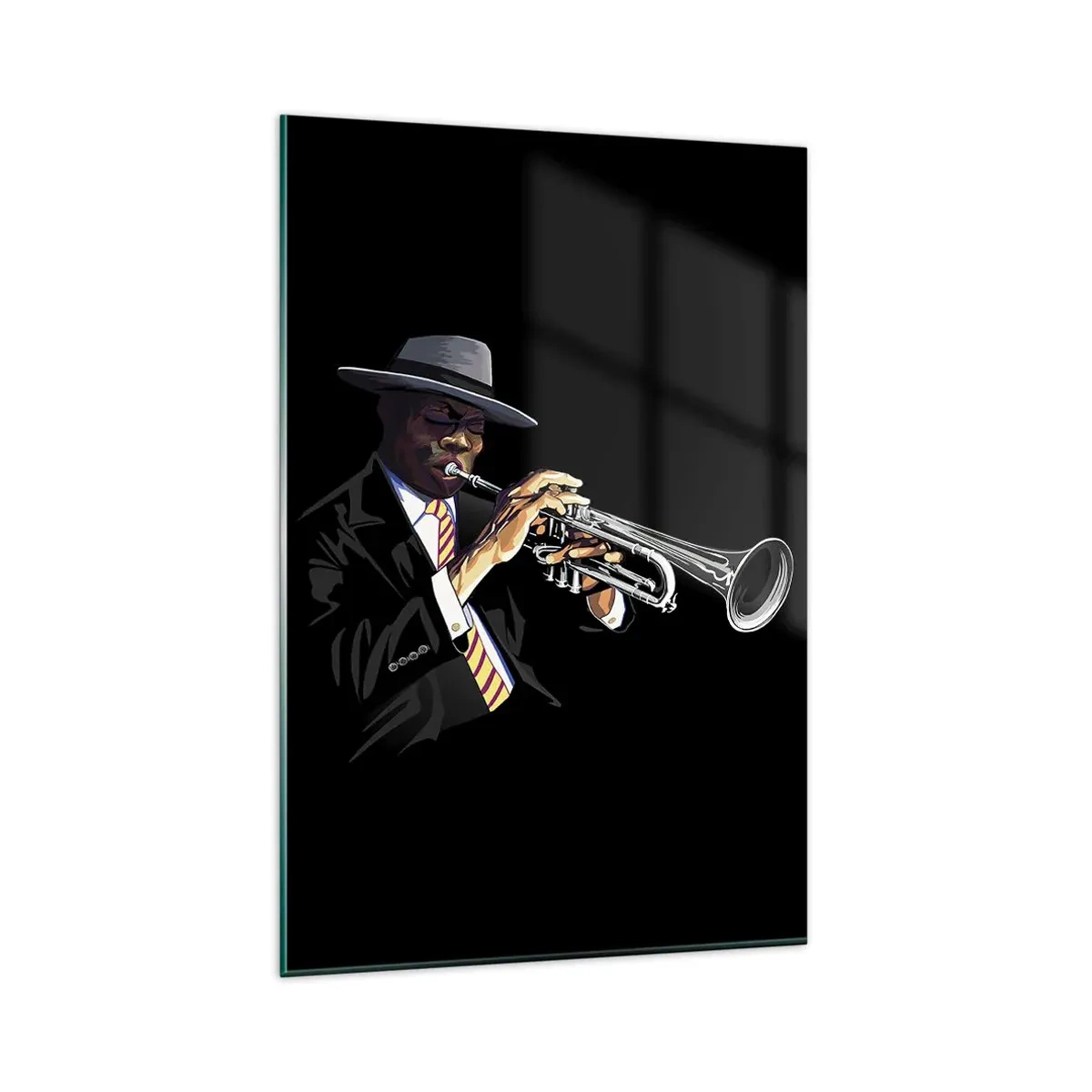 Obraz na szkle - Muzyk grający na trąbce na czarnym tle - 80x120cm - Czar starej szkoły - Nowoczesna dekoracja ścienna do salonu i sypialni ARTTOR