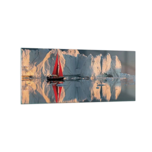 Obraz na szkle - Żaglówka z czerwonym żaglem na tle lodowca - 120x50cm - Na krańcu świata - Nowoczesna dekoracja ścienna do salonu i sypialni ARTTOR