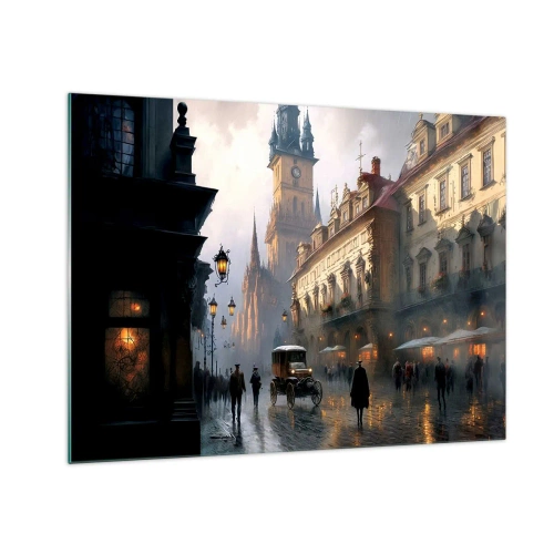 Obraz na szkle - Zabytkowa ulica oświetlona latarniami o zmierzchu - 70x50cm - Czar praskiego wieczoru - Nowoczesna dekoracja ścienna do salonu i sypialni ARTTOR