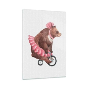 Obraz na szkle - Miś w różowej spódniczce na rowerku w stylu retro - 80x120cm - Ale cyrk! - Nowoczesna dekoracja ścienna do salonu i sypialni ARTTOR