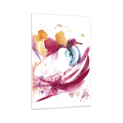 Obraz na szkle - Abstrakcyjna twarz z wyrazistymi oczami i akcentami w czerwieni - 70x100cm - W bliskości świat rozkwita - Nowoczesna dekoracja ścienna do salonu i sypialni ARTTOR