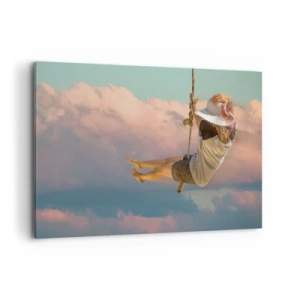 Obraz na płótnie - Kobieta na huśtawce wśród różowych chmur - 120x80cm - Zabawa w obłokach - Nowoczesna dekoracja ścienna do salonu, kuchni i sypialni ARTTOR