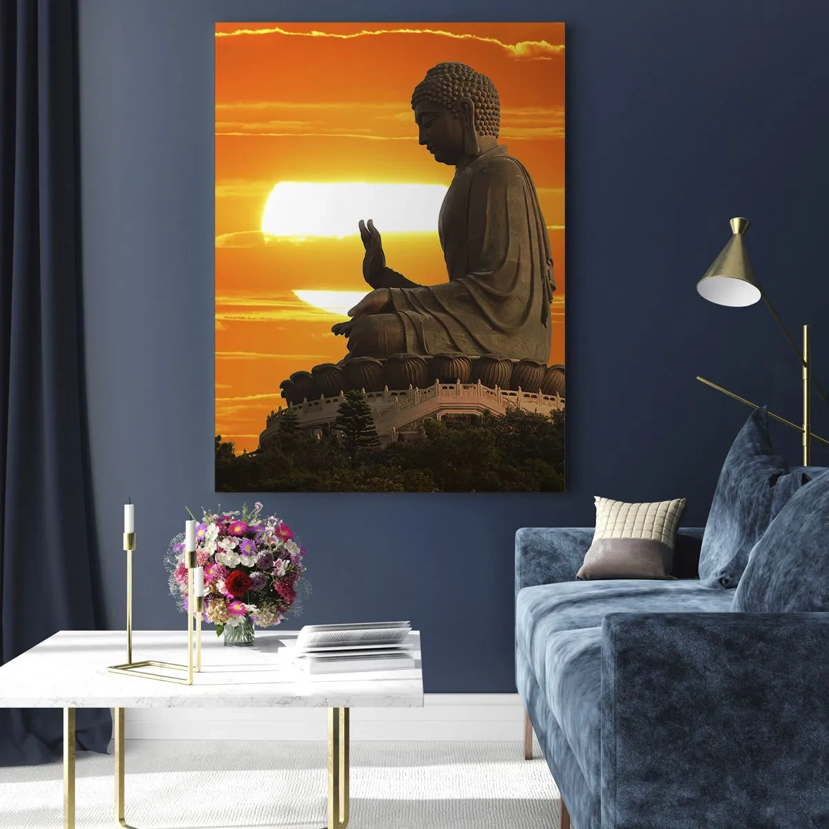 Obraz na szkle - Posąg Buddy na tle zachodzącego słońca - 50x70cm - Bez strachu przed światem - Nowoczesna dekoracja ścienna do salonu, kuchni i sypialni ARTTOR
