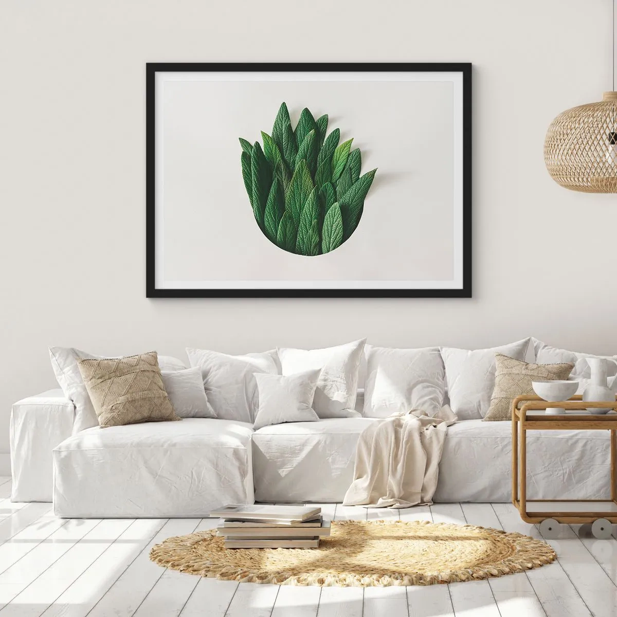 Plakat w czarnej ramie - Kompozycja zielonych liści na jasnym tle - 100x70cm - Nieposkromiona ciekawość - Nowoczesna dekoracja ścienna do salonu i sypialni ARTTOR