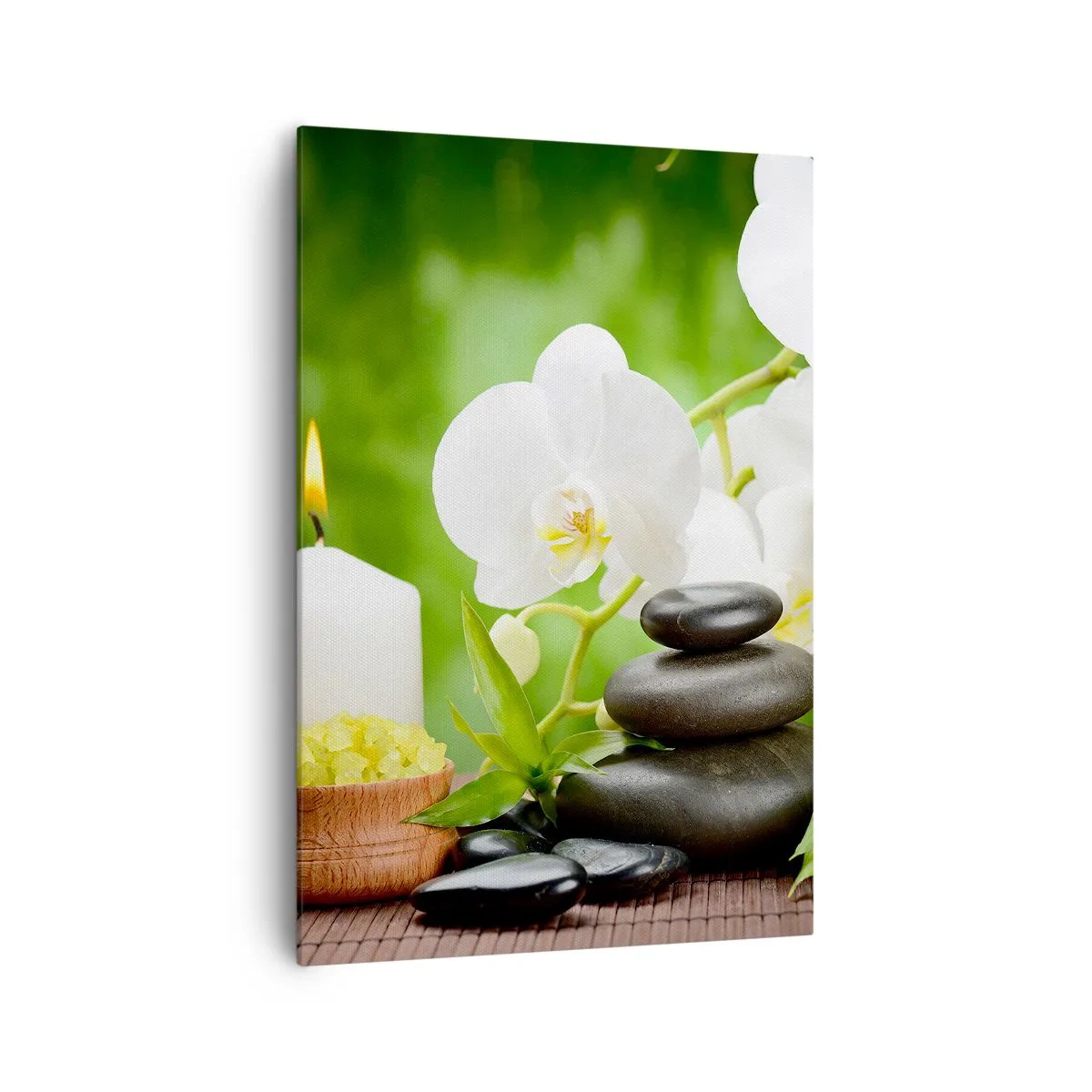 Obraz na płótnie - Orchidee, świece i kamienie w otoczeniu natury - 70x100cm - Wonny, kwiatowy, delikatny dotyk - Nowoczesna dekoracja ścienna do salonu i sypialni ARTTOR