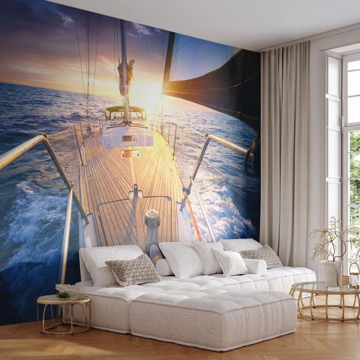 Fototapeta Premium Sand - Luksusowy jacht na morzu o zachodzie słońca - 100x70cm - Biegnąca po falach - Nowoczesna dekoracja ścienna do salonu, kuchni i sypialni ARTTOR