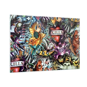 Obraz na szkle - Kolorowa kompozycja wzorów inspirowanych sztuką tatuażu - 100x70cm - Sen tatuażysty - Nowoczesna dekoracja ścienna do salonu, kuchni i sypialni ARTTOR