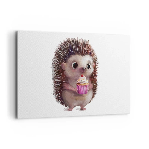 Obraz na płótnie - Uroczy jeżyk z babeczką - 120x80cm - Święto jest co dzień - Nowoczesna dekoracja ścienna do salonu, kuchni i sypialni ARTTOR