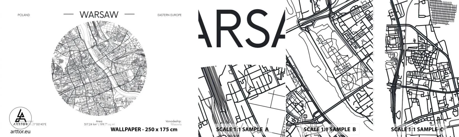 Fototapeta Próbka Samoprzylepna Deluxe Sticker - Anatomia Warszawy - Mapa, Warszawa, Polska - 100x30 cm