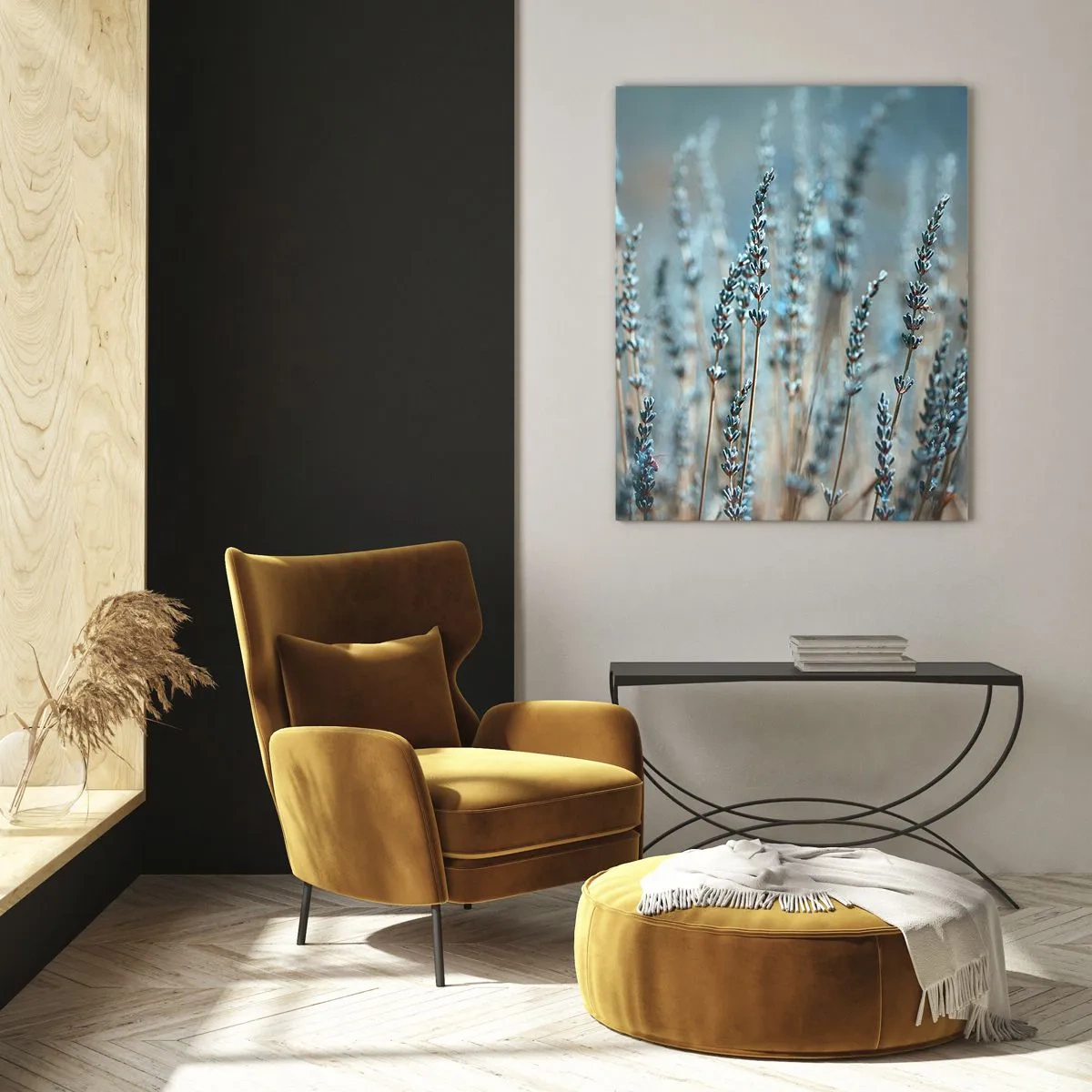 Obraz na szkle - Pole lawendy w delikatnym świetle o chłodnym odcieniu - 50x70cm - Pachnący łan - Nowoczesna dekoracja ścienna do salonu, kuchni i sypialni ARTTOR