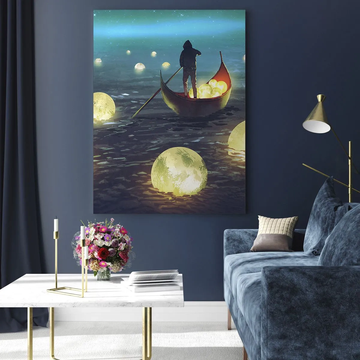 Obraz na szkle - Łódź z lampionami na wodzie w surrealistycznym pejzażu - 50x70cm - Rzeczy, o których się filozofom nie śniło - Nowoczesna dekoracja ścienna do salonu, kuchni i sypialni ARTTOR