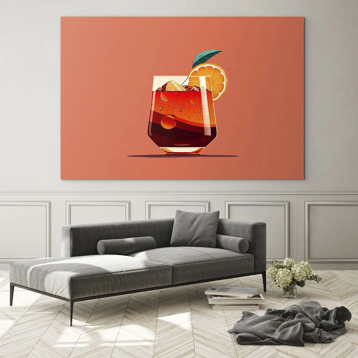 Obraz na szkle - Kolorowy drink z pomarańczą na tle w ciepłym odcieniu brzoskwini - 70x50cm - Letnie orzeźwienie - Nowoczesna dekoracja ścienna do salonu i sypialni ARTTOR