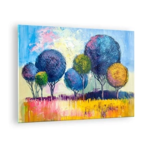 Obraz na szkle - Kolorowe drzewa na tle abstrakcyjnego krajobrazu - 70x50cm - Kula - kształt ideału - Nowoczesna dekoracja ścienna do salonu i sypialni ARTTOR