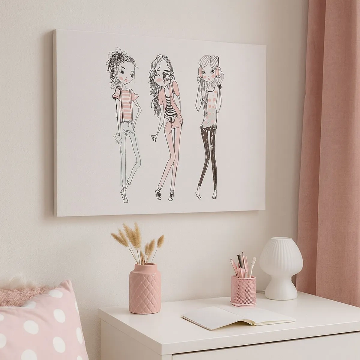 Obraz na płótnie - Ilustracja modnych dziewczyn w pastelowych kolorach - 70x50cm - Będzie, będzie zabawa - Nowoczesna dekoracja ścienna do salonu i sypialni ARTTOR