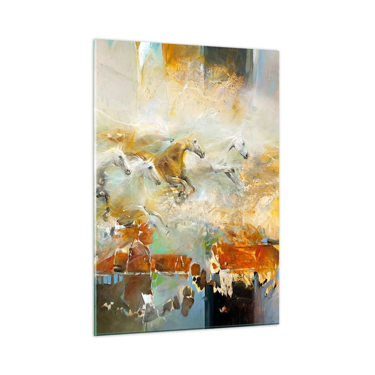 Obraz na szkle - Abstrakcyjne konie w dynamicznym ruchu - 50x70cm - Galopem przez światło - Nowoczesna dekoracja ścienna do salonu, kuchni i sypialni ARTTOR