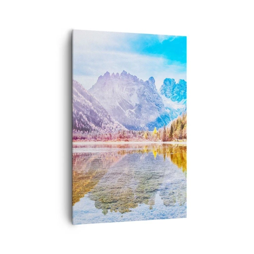 Obraz na płótnie - Jesienny krajobraz górski z jeziorem - 80x120cm - A w górach już jesień - Nowoczesna dekoracja ścienna do salonu i sypialni ARTTOR