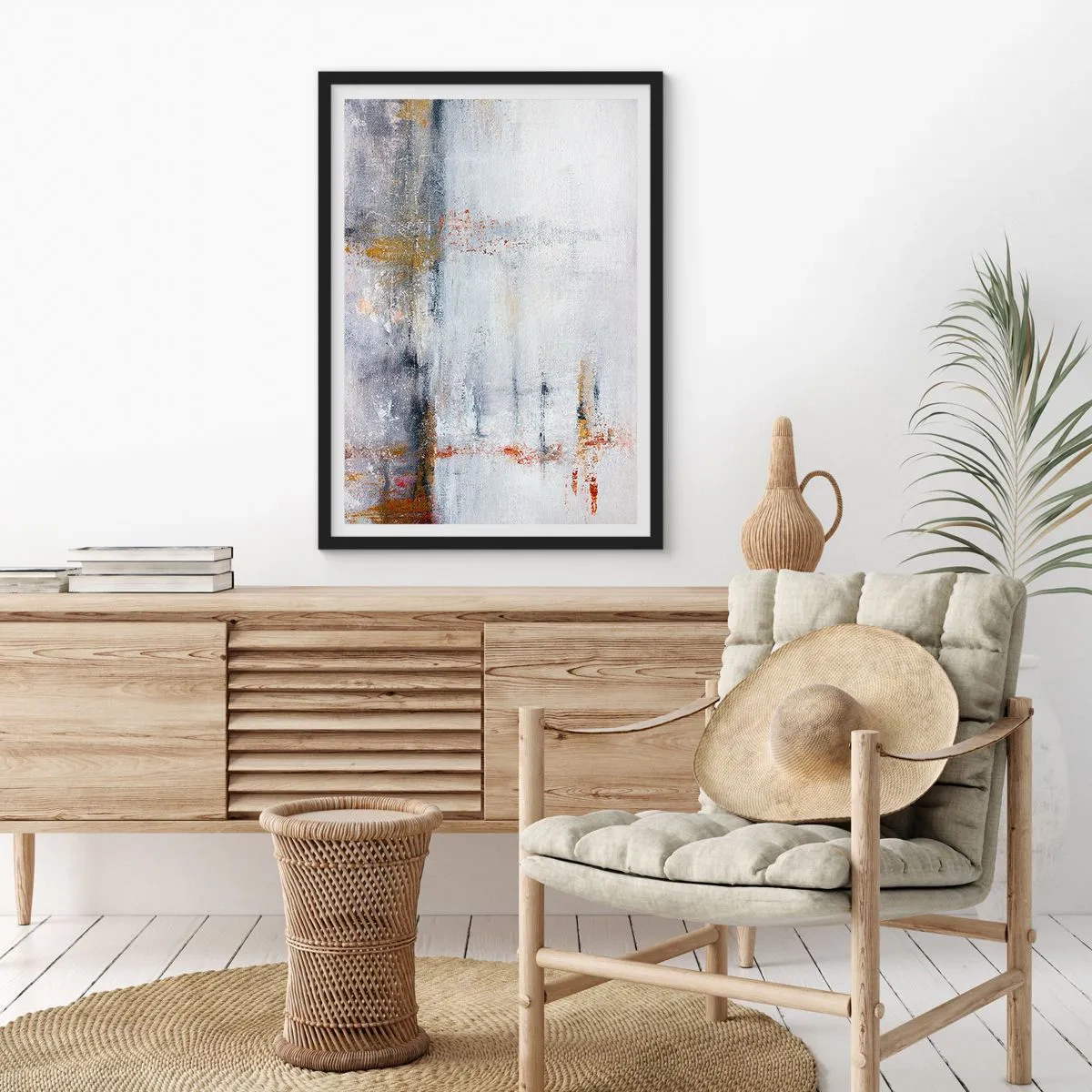 Plakat w czarnej ramie - Abstrakcyjna kompozycja z odcieniami szarości, bieli i złota - 50x70cm - Za powietrza zasłoną - Nowoczesna dekoracja ścienna do salonu i sypialni ARTTOR
