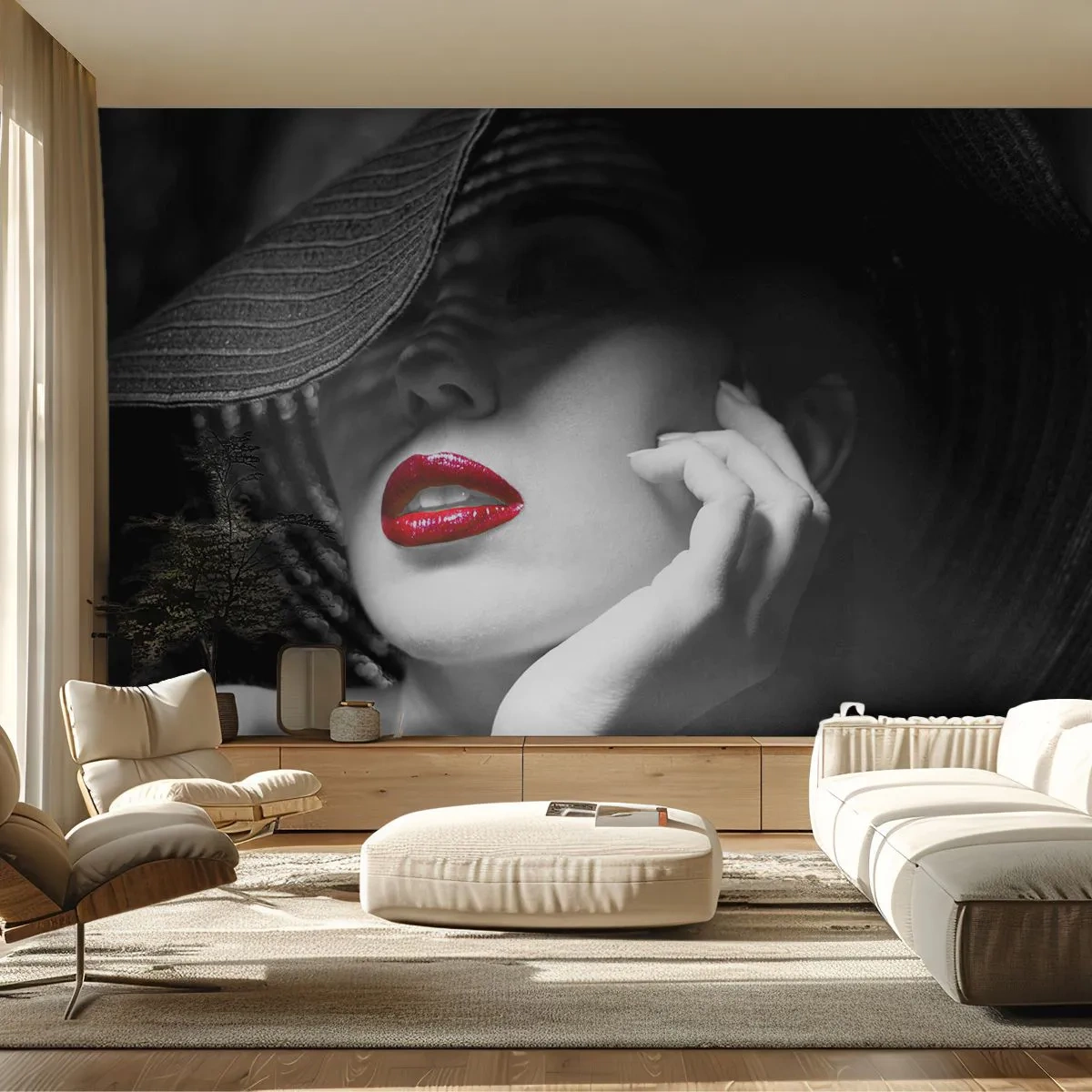 Fototapeta Premium Sand - Kobieta w czarnym kapeluszu z czerwonymi ustami - 100x70cm - Studium w szkarłacie - Nowoczesna dekoracja ścienna do salonu, kuchni i sypialni ARTTOR