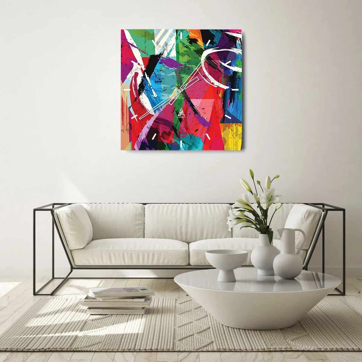Zegar ścienny - Kolorowa abstrakcja z dynamicznymi pociągnięciami pędzla - 30x30cm - Szybko, żywo i skocznie - Nowoczesna dekoracja ścienna do salonu i sypialni ARTTOR
