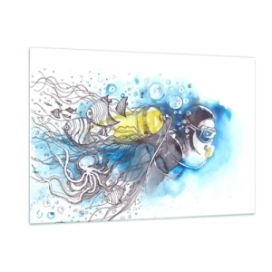 Obraz na szkle - Nurek pod wodą z rybami w artystycznej akwareli - 120x80cm - Wielki błękit - Nowoczesna dekoracja ścienna do salonu, kuchni i sypialni ARTTOR