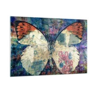 Obraz na szkle - Kolorowy motyl na abstrakcyjnym tle w odcieniach niebieskiego i pomarańczowego - 120x80cm - Subtelna kruchość - Nowoczesna dekoracja ścienna do salonu, kuchni i sypialni ARTTOR