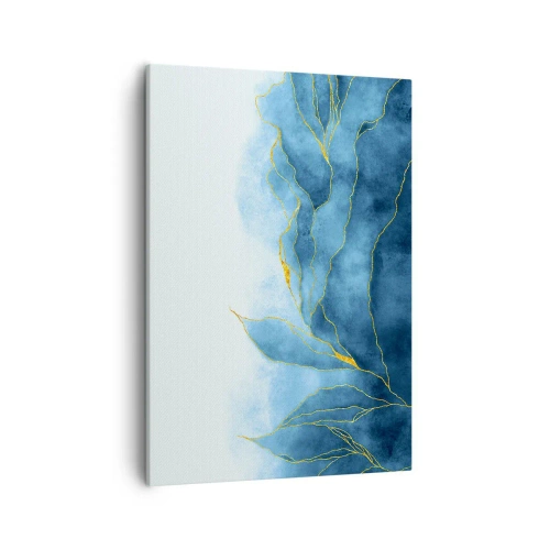 Obraz na płótnie - Abstrakcyjna akwarelowa kompozycja w odcieniach niebieskiego ze złotymi liniami - 50x70cm - Błękit w złocie - Nowoczesna dekoracja ścienna do salonu, kuchni i sypialni ARTTOR