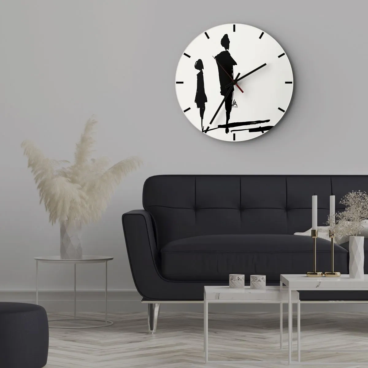 Zegar ścienny - Czarne sylwetki dwóch postaci na białym tle w szkicowym stylu - 30x30cm - Na pewno razem? - Nowoczesna dekoracja ścienna do salonu, kuchni i sypialni ARTTOR