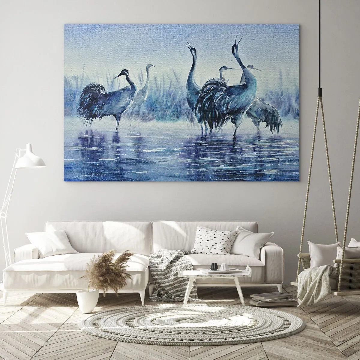 Obraz na szkle - Ptaki brodzące w wodzie w błękitnej tonacji - 70x50cm - Poranne spotkanie - Nowoczesna dekoracja ścienna do salonu i sypialni ARTTOR