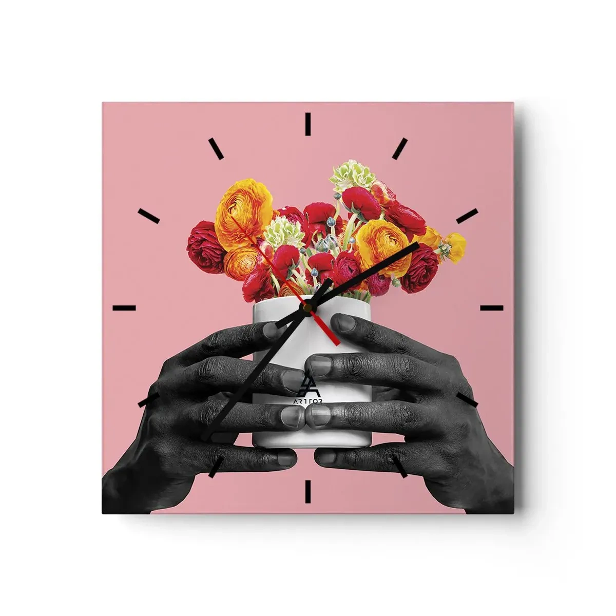Zegar ścienny - Dłonie trzymające bukiet kolorowych kwiatów - 30x30cm - Apoteoza życia - Nowoczesna dekoracja ścienna do salonu i sypialni ARTTOR