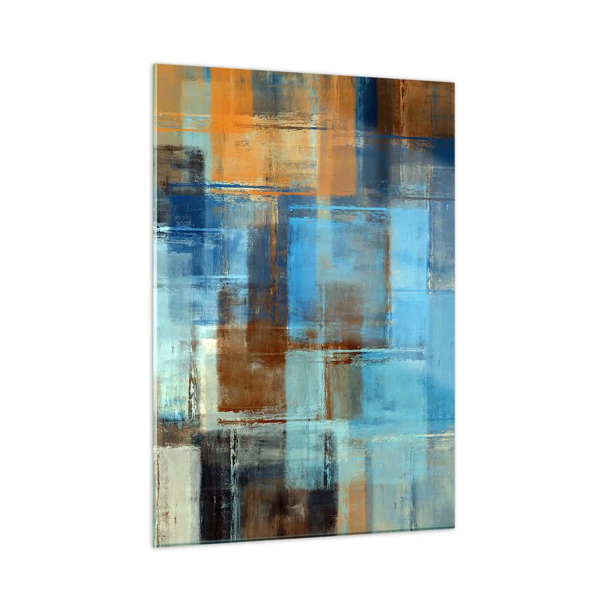 Obraz na szkle - Abstrakcyjna kompozycja geometryczna w odcieniach niebieskiego i brązu - 50x70cm - Przez błękitną zasłonę - Nowoczesna dekoracja ścienna do salonu, kuchni i sypialni ARTTOR