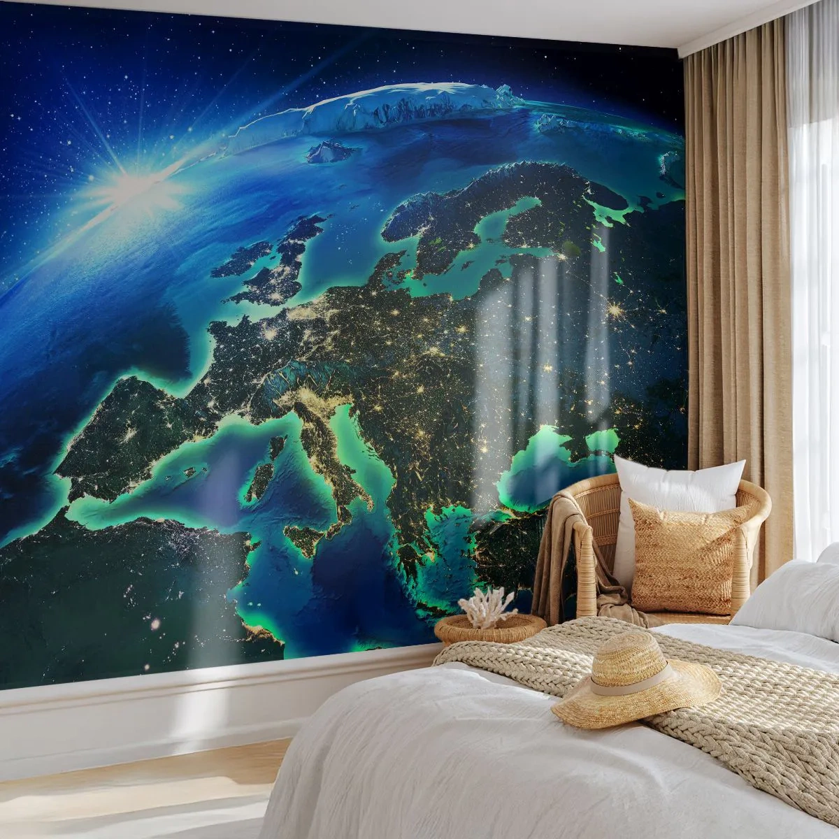 Fototapeta Premium Sand - Widok na Europę z kosmosu oświetloną światłami miast - 100x70cm - Roziskrzona Europa - Nowoczesna dekoracja ścienna do salonu, kuchni i sypialni ARTTOR