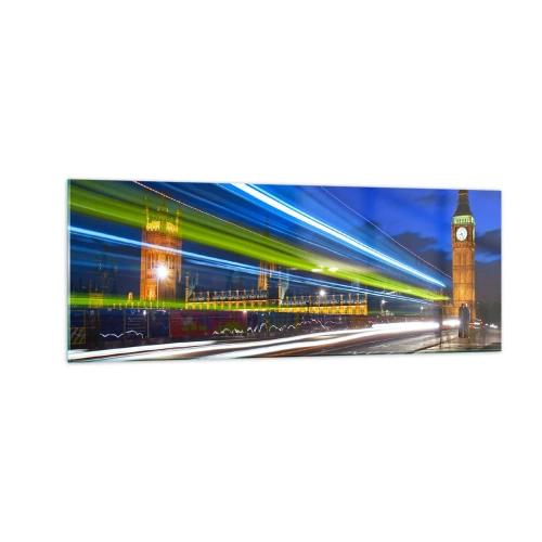 Obraz na szkle - Big Ben nocą z efektem świateł w ruchu na ulicy - 140x50cm - Pod okiem Big Bena - Nowoczesna dekoracja ścienna do salonu i sypialni ARTTOR