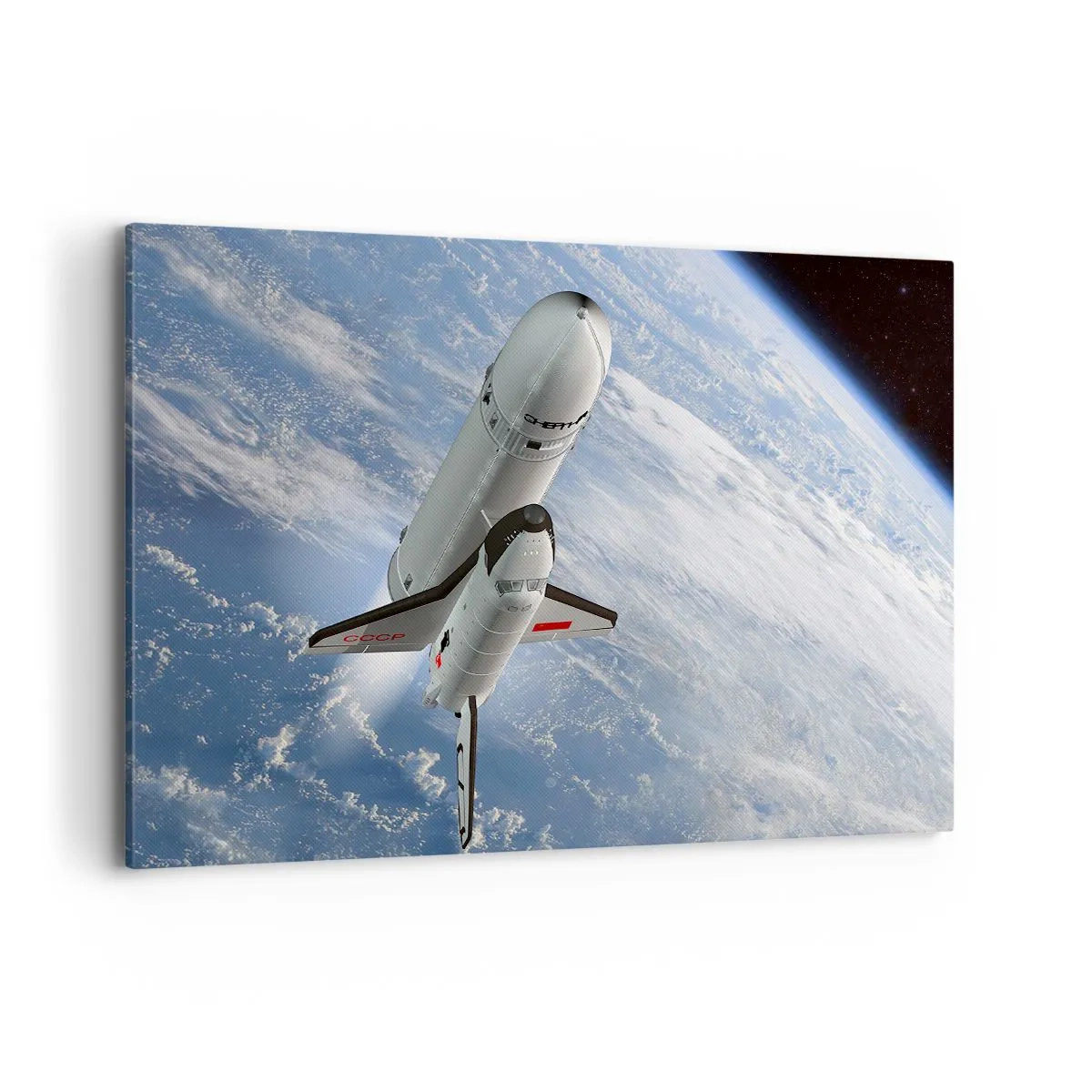 Obraz na płótnie - Wznosząca się rakieta kosmiczna na tle Ziemi - 120x80cm - Kosmiczne wniebowstąpienie - Nowoczesna dekoracja ścienna do salonu, kuchni i sypialni ARTTOR