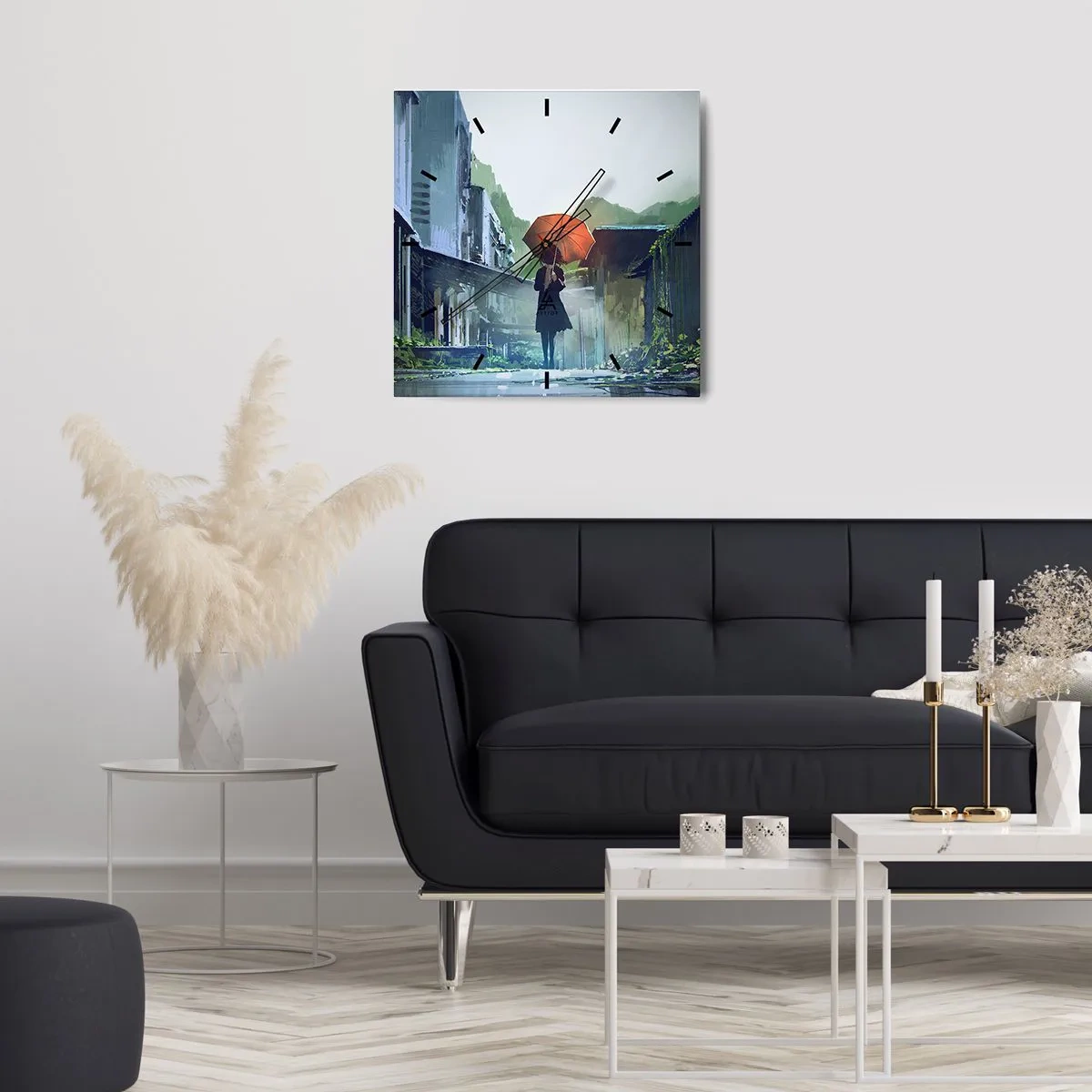 Zegar ścienny - Postać z parasolem w deszczowym mieście - 30x30cm - Ożywczy deszcz - Nowoczesna dekoracja ścienna do salonu i sypialni ARTTOR