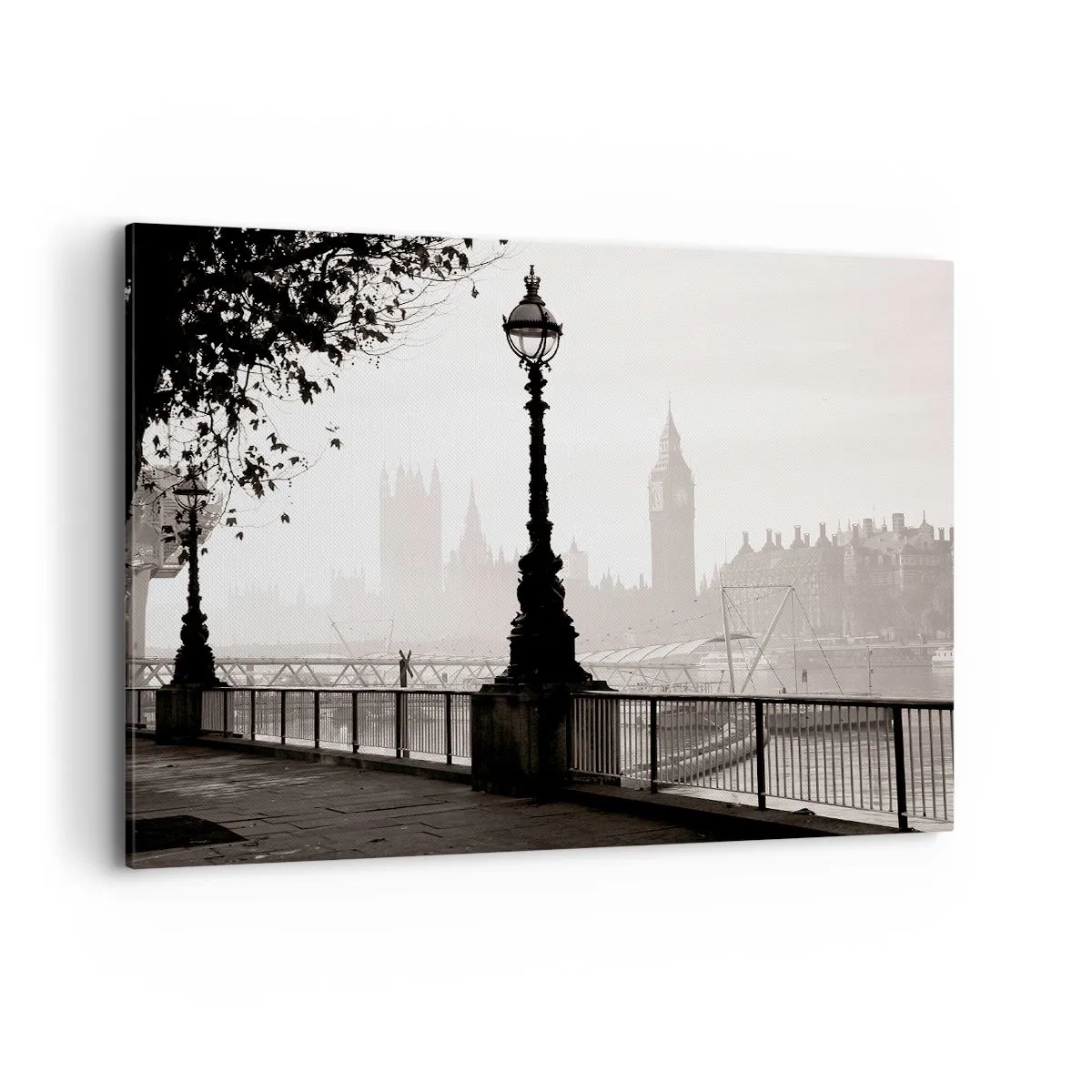 Obraz na płótnie - Monochromatyczny widok na Big Ben i Tamizę - 100x70cm - Londyński poranek - Nowoczesna dekoracja ścienna do salonu, kuchni i sypialni ARTTOR