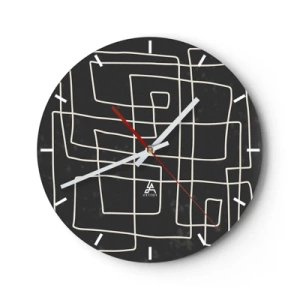 Zegar ścienny - Białe geometryczne linie tworzące zawiłą siatkę na czarnym tle - 30x30cm - Nie taki prosty - Nowoczesna dekoracja ścienna do salonu, kuchni i sypialni ARTTOR