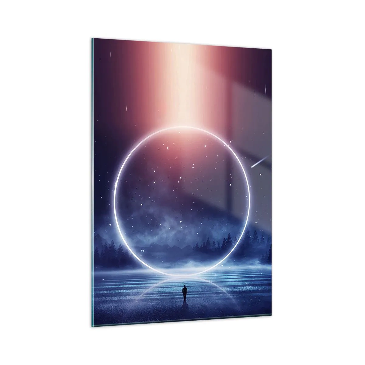 Obraz na szkle - Świetlisty krąg nad jeziorem wśród nocnego nieba i lasu - 50x70cm - Już tu są… - Nowoczesna dekoracja ścienna do salonu, kuchni i sypialni ARTTOR