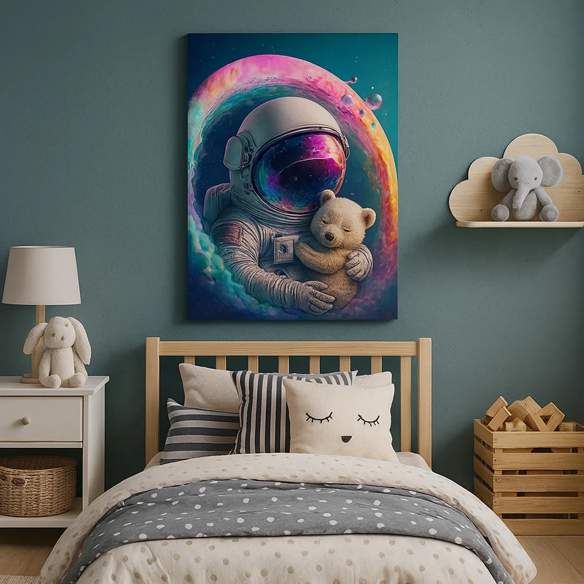 Obraz na płótnie - Astronauta eksplorujący galaktyczne wrota pełne kolorów - 50x70cm - Gwiezdne wrota - Nowoczesna dekoracja ścienna do salonu, kuchni i sypialni ARTTOR