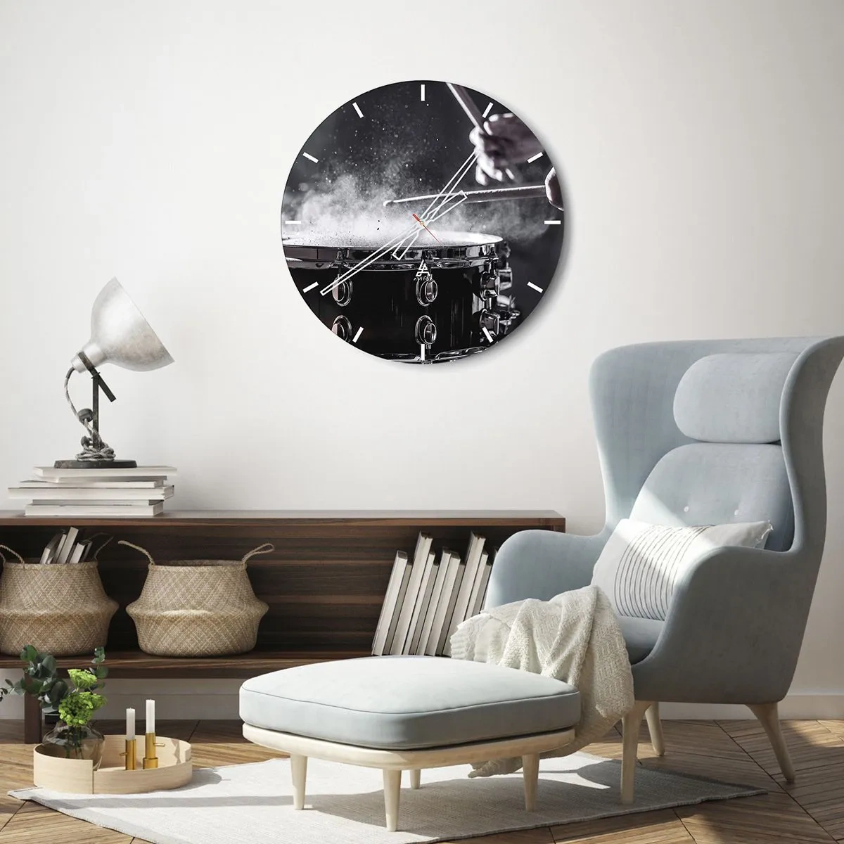 Zegar ścienny - Perkusja w akcji, z unoszącym się pyłem podczas uderzenia - 30x30cm - Puls muzyki - Nowoczesna dekoracja ścienna do salonu, kuchni i sypialni ARTTOR