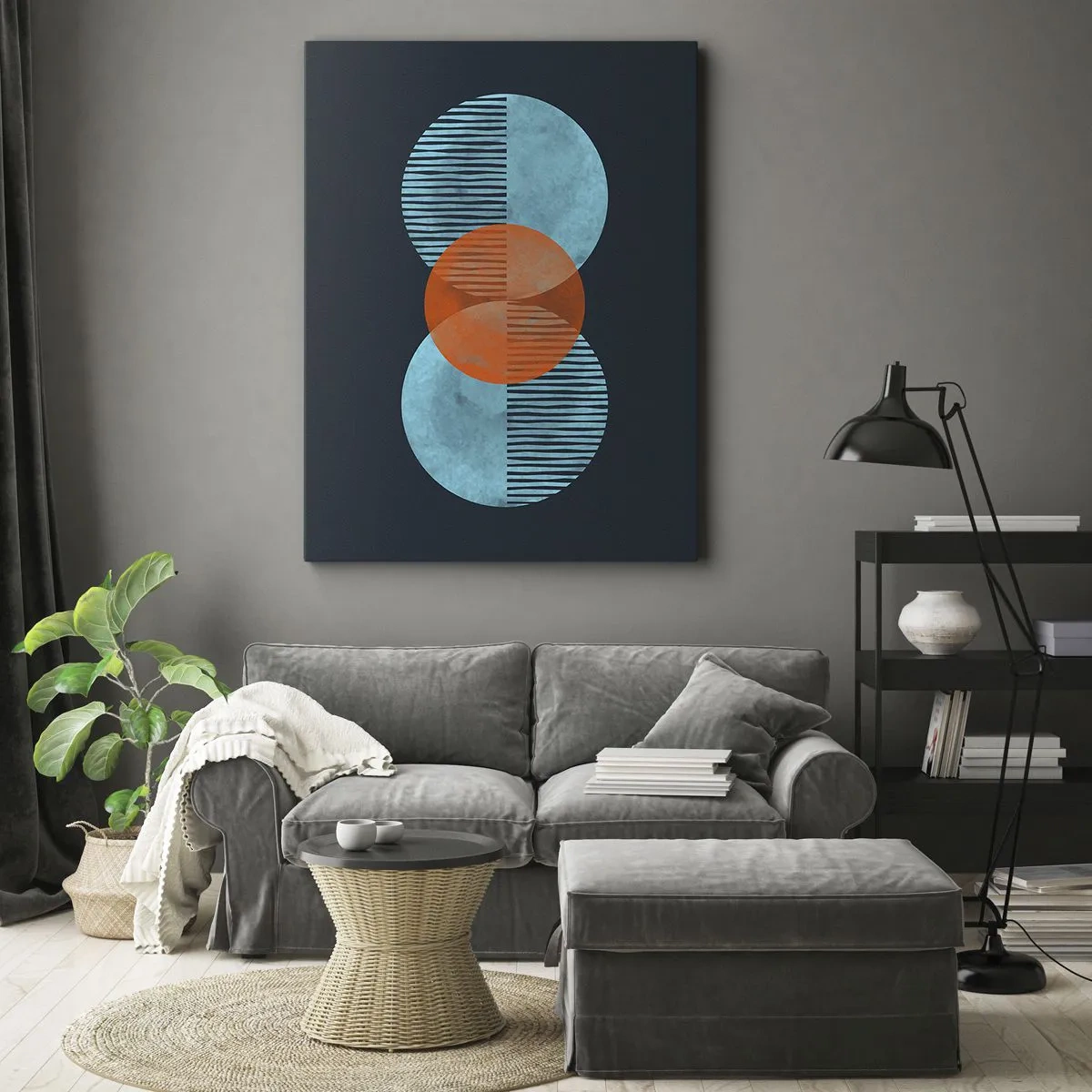 Obraz na płótnie - Geometryczna kompozycja z niebieskimi i pomarańczowymi okręgami - 50x70cm - Kompozycja symetryczna - Nowoczesna dekoracja ścienna do salonu, kuchni i sypialni ARTTOR