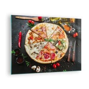 Obraz na szkle - Pizza w różnych smakach z dodatkami na ciemnym tle - 70x50cm - Wachlarz smaków - Nowoczesna dekoracja ścienna do salonu i sypialni ARTTOR