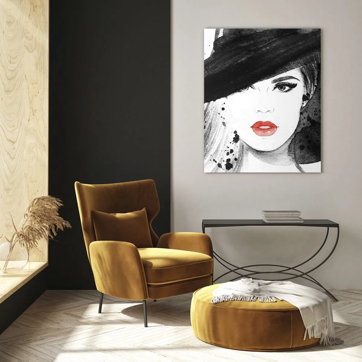 Obraz na szkle - Portret kobiety w czarnym kapeluszu z czerwonymi ustami - 50x70cm - Dama w czerni - Nowoczesna dekoracja ścienna do salonu, kuchni i sypialni ARTTOR