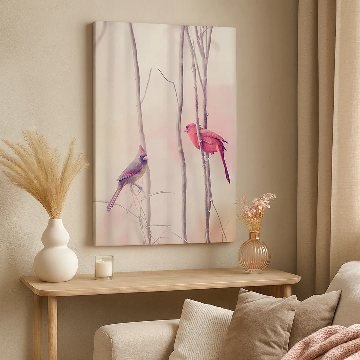 Obraz na płótnie - Dwa kardynały na gałęziach w pastelowym, różowym lesie - 50x70cm - Opowieść różowego lasu - Nowoczesna dekoracja ścienna do salonu, kuchni i sypialni ARTTOR