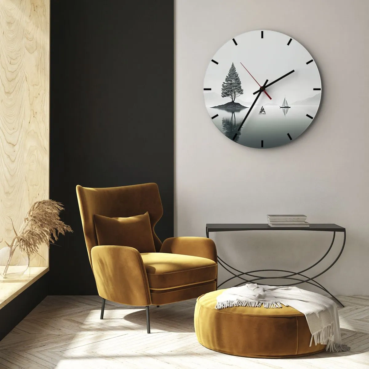 Zegar ścienny - Minimalistyczny krajobraz z wyspą, drzewem i żaglówką na wodzie - 30x30cm - Marzenie senne - Nowoczesna dekoracja ścienna do salonu, kuchni i sypialni ARTTOR