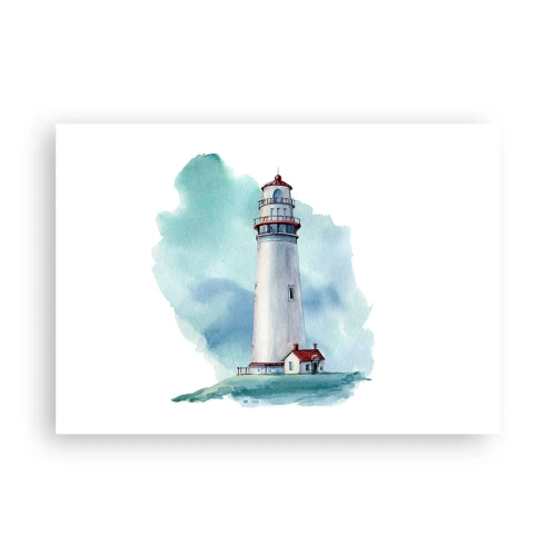 Plakat - Latarnia morska na tle akwarelowego błękitu - 100x70cm - Łagodna siostra błękitu - Nowoczesna dekoracja ścienna do salonu i sypialni ARTTOR