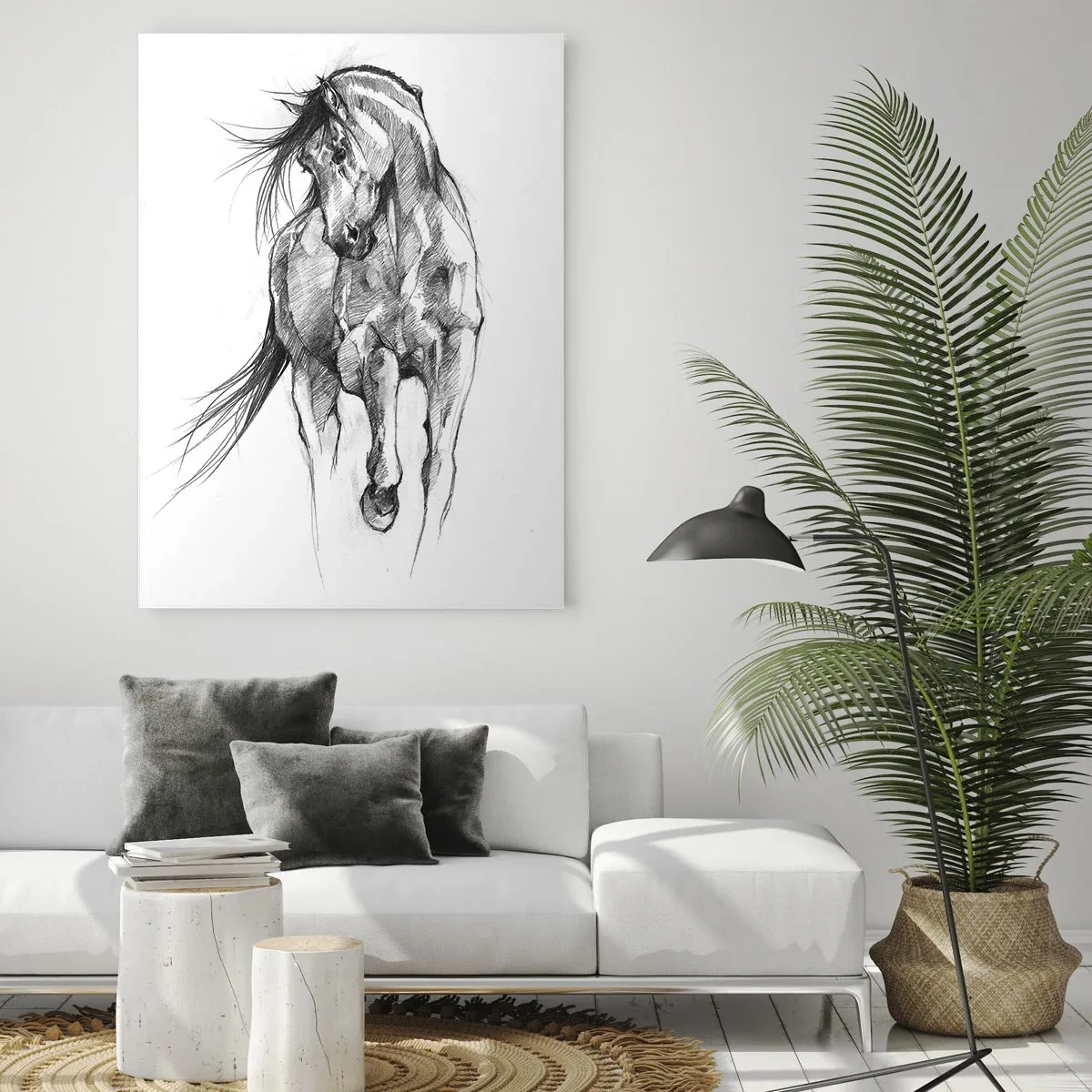 Obraz na szkle - Szkic galopującego konia w minimalistycznej stylistyce - 50x70cm - We wdzięcznym kłusie - Nowoczesna dekoracja ścienna do salonu, kuchni i sypialni ARTTOR