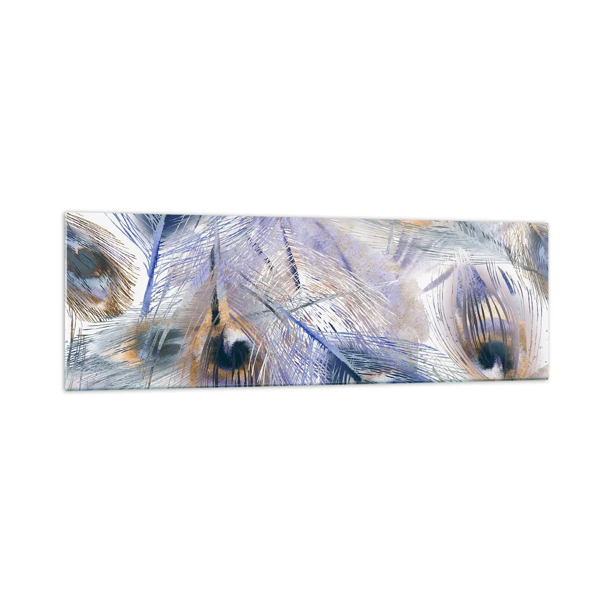 Obraz na szkle - Wzór z piórami pawia w odcieniach błękitu i złota - 160x50cm - Pawiooka kompozycja - Nowoczesna dekoracja ścienna do salonu i sypialni ARTTOR